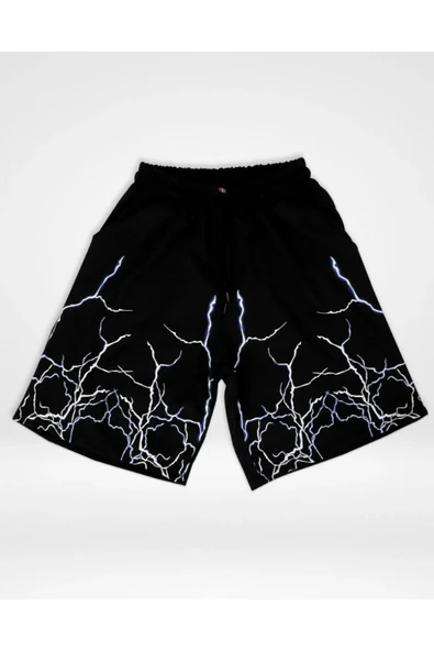 Yıldırım Baskılı Siyah Unisex Şort ürün görseli 1