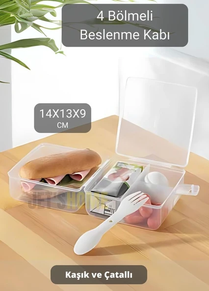 4 Bölmeli Beslenme Kutusu Kilitli BPA Free Kaşık-Çatallı Saklama Kabı Kare 14X13X9 cm ürün görseli 1