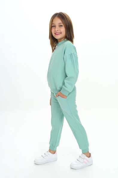 Toontoy Kız Çocuk 2'li Takım Nakış Baskılı Dik Yaka Fermuarlı Sweatshirt & Beli Paçası Ribanalı Cepli Jogger Eşofman Altı - Nervürlü & 2 İplik ürün görseli 1