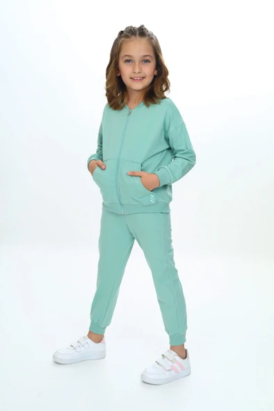 Toontoy Kız Çocuk 2'li Takım Nakış Baskılı Kolej Yaka Fermuarlı Cepli Sweatshirt & Beli Paçası Ribanalı Jogger Eşofman Altı - 2 İplik ürün görseli 1