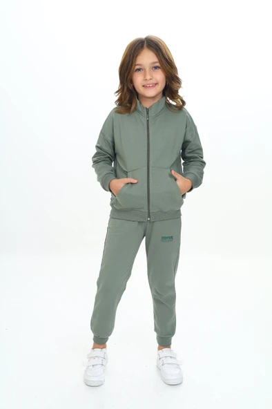 Toontoy Kız Çocuk 2'li Takım Dik Yaka Fermuarlı Cepli Sweatshirt & Beli Paçası Ribanalı Jogger Eşofman Altı - 2 İplik ürün görseli 1