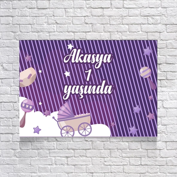 Mor Çizgili Doğum Günü Afişi 50X70 cm ürün görseli 1