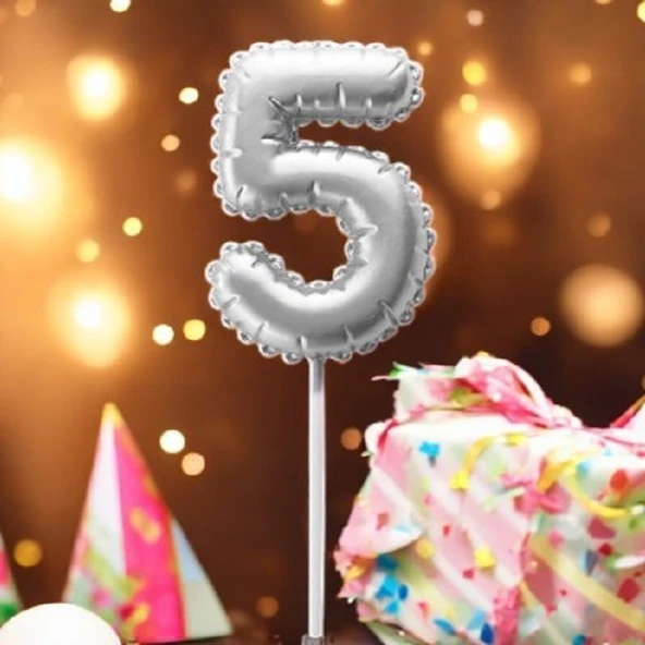 GÜMÜŞ DOĞUM GÜNÜ BALON ŞEKLİNDE MUM PASTA MUMU 5 NUMARA ürün görseli 1