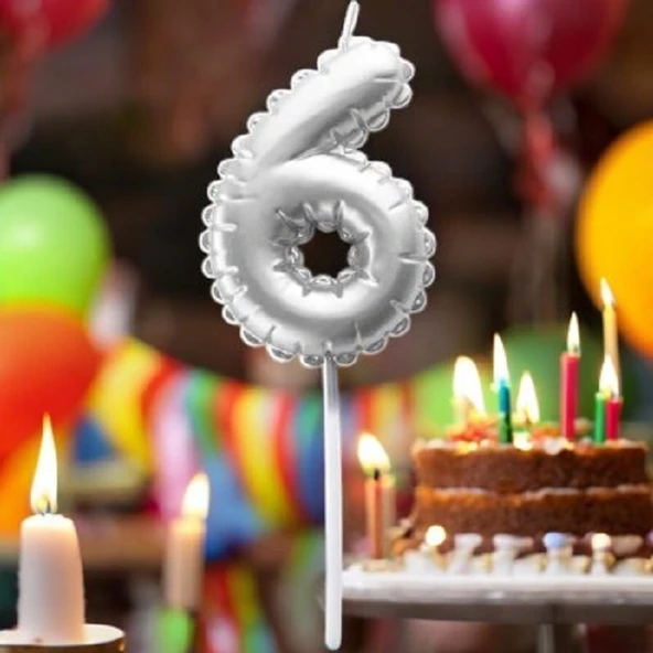 GÜMÜŞ DOĞUM GÜNÜ BALON ŞEKLİNDE MUM PASTA MUMU 6 NUMARA ürün görseli 1