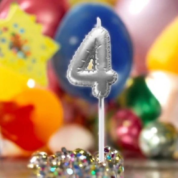 GÜMÜŞ DOĞUM GÜNÜ BALON ŞEKLİNDE MUM PASTA MUMU 4 NUMARA ürün görseli 1