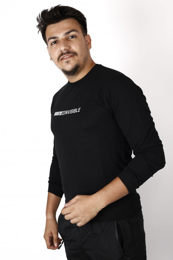 Erkek Siyah Invisible Yazılı Uzun Kollu Sweatshirt 21ESWTINVS ürün görseli 1