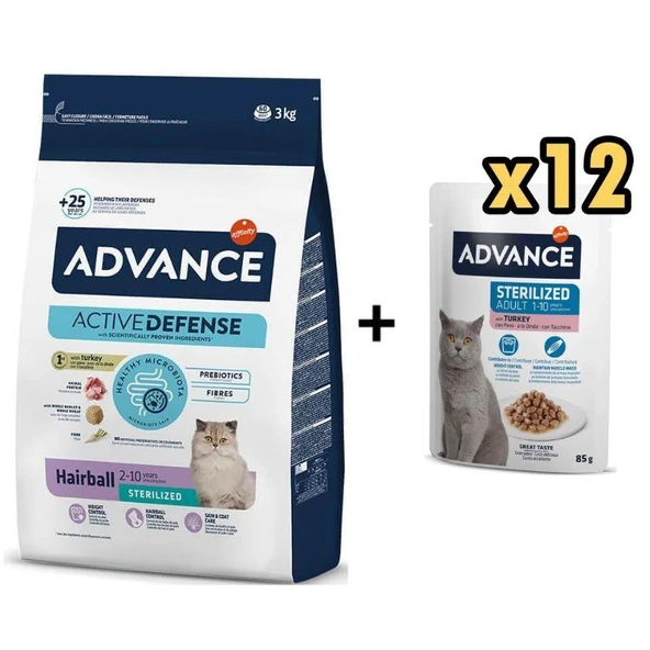 Advance Hairball Hindili Kısırlaştırılmış Kedi Maması 3 Kg + 12 Adet Advance Hindili Kısır Kedi Pouch Yaş Maması 85 Gr ürün görseli 1