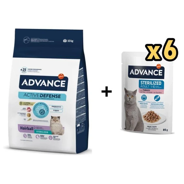 Advance Hairball Hindili Kısırlaştırılmış Kedi Maması 10 Kg + 6 Adet Advance Hindili Kısır Kedi Pouch Yaş Maması 85 Gr ürün görseli 1