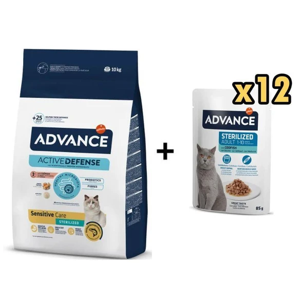 Advance Somonlu Kısırlaştırılmış Kedi Maması 10 Kg + 12 Adet Advance Morina Balıklı Kısır Kedi Pouch Yaş Maması 85 Gr ürün görseli 1