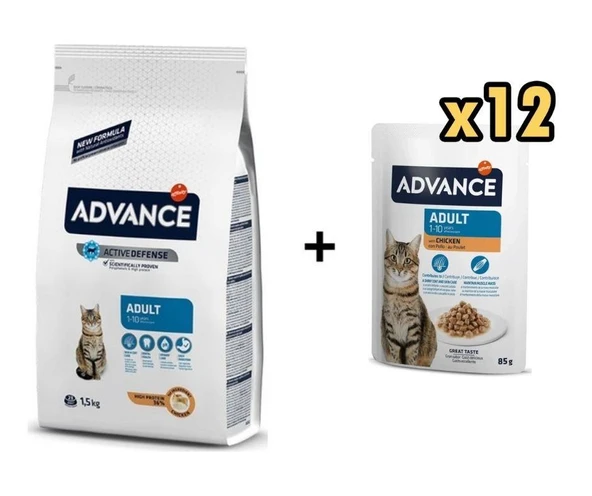 Advance Tavuklu Yetişkin Kedi Maması 1,5 Kg + 12 Adet Advance Tavuklu Yetişkin Kedi Pouch Yaş Maması 85 Gr ürün görseli 1