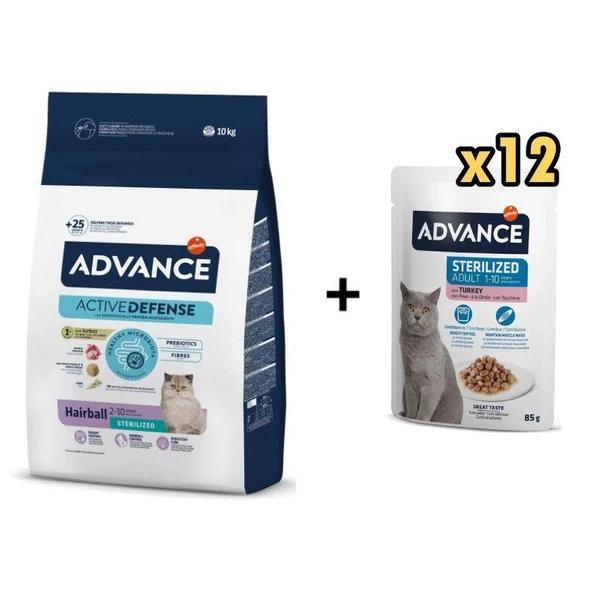 Advance Hairball Hindili Kısırlaştırılmış Kedi Maması 10 Kg + 12 Adet Advance Hindili Kısır Kedi Pouch Yaş Maması 85 Gr ürün görseli 1