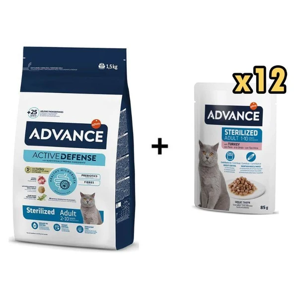 Advance Hindili Kısırlaştırılmış Kedi Maması 1,5 kg + 12 Advance Hindili Kısır Kedi Pouch Yaş Maması 85 Gr ürün görseli 1