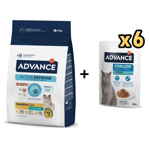 Advance Somonlu Kısırlaştırılmış Kedi Maması 10 Kg + 6 Adet Advance Morina Balıklı Kısır Kedi Pouch Yaş Maması 85 Gr ürün görseli 1