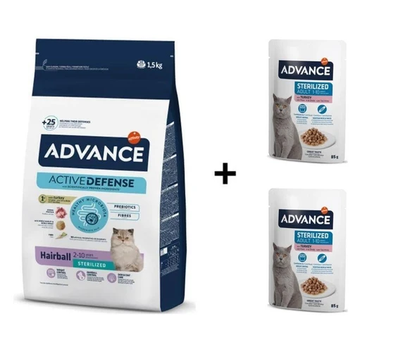 Advance Hairball Hindili Kısırlaştırılmış Kedi Maması 1,5 Kg + 2 Adet Advance Hindili Kısır Kedi Pouch Yaş Maması 85 Gr ürün görseli 1