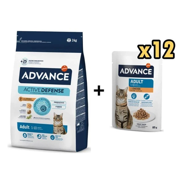 Advance Tavuklu Yetişkin Kedi Maması 3 Kg + 12 Adet Advance Tavuklu Yetişkin Kedi Pouch Yaş Maması 85 Gr ürün görseli 1