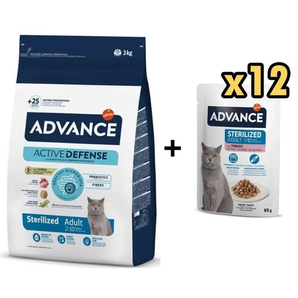 Advance Hindi Etli Kısırlaştırılmış Kedi Maması 3 kg + 12 Adet Advance Hindili Kısır Kedi Pouch Yaş Maması 85 Gr ürün görseli 1