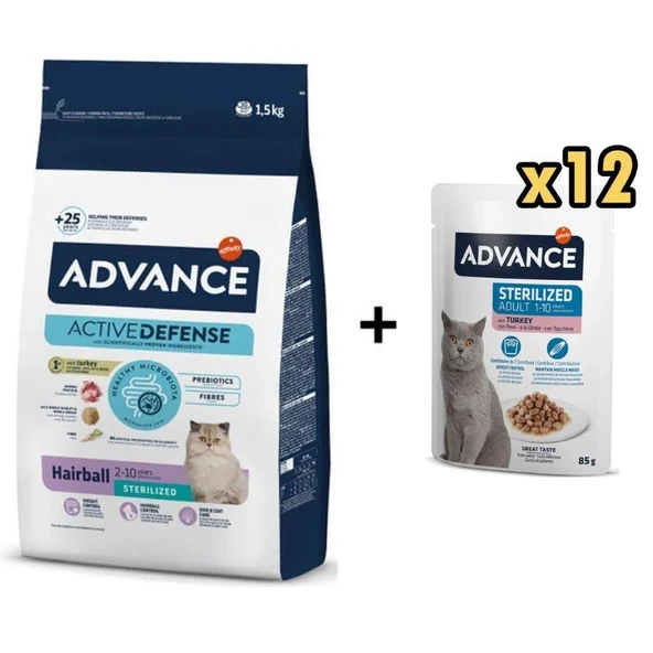Advance Hairball Hindili Kısırlaştırılmış Kedi Maması 1,5 Kg + 12 Adet Advance Hindili Kısır Kedi Pouch Yaş Maması 85 Gr ürün görseli 1
