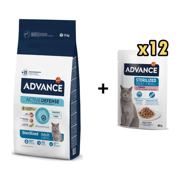 Advance Hindili Kısırlaştırılmış Kedi Maması 15 kg + 12 Adet Advance Hindili Kısır Kedi Pouch Yaş Maması 85 Gr ürün görseli 1