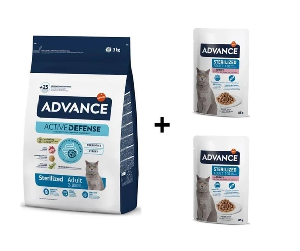 Advance Hindi Etli Kısırlaştırılmış Kedi Maması 3 kg + 2 Adet Advance Hindili Kısır Kedi Pouch Yaş Maması 85 Gr ürün görseli 1