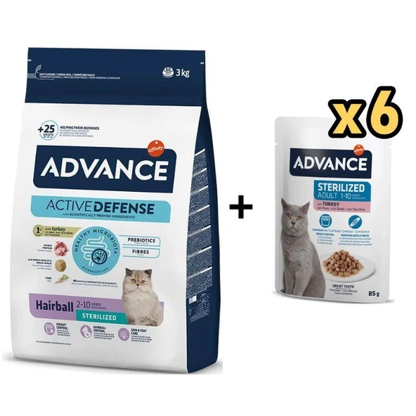 Advance Hairball Hindili Kısırlaştırılmış Kedi Maması 3 Kg + 6 Adet Advance Hindili Kısır Kedi Pouch Yaş Maması 85 Gr ürün görseli 1