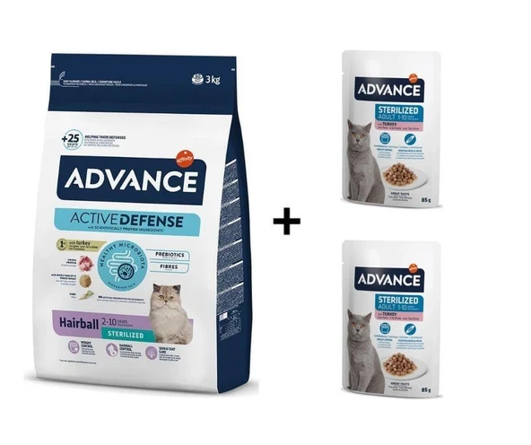 Advance Hairball Hindili Kısırlaştırılmış Kedi Maması 3 Kg + 2 Adet Advance Hindili Kısır Kedi Pouch Yaş Maması 85 Gr ürün görseli 1