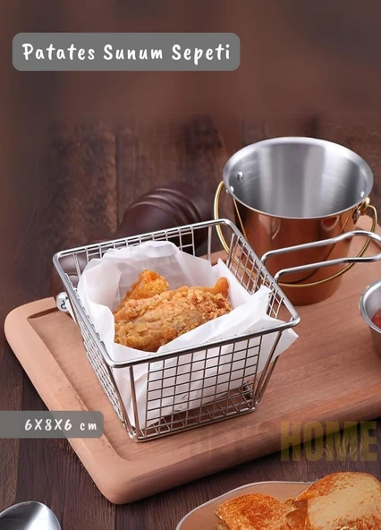Kare Patates Sunum Sepeti Paslanmaz Çelik Patateslik Kızartmalık   6X8X6 cm ürün görseli 1