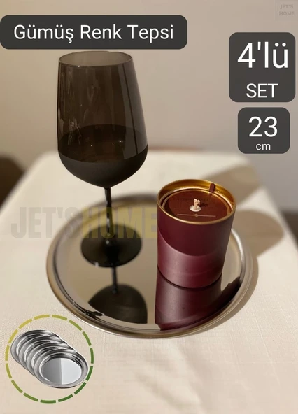 4’lü Set Lüx Sunum Tepsisi Paslanmaz Kahve Tepsisi Çelik Tepsi Yuvarlak Çeyizlik Tepsi 23 cm ürün görseli 1