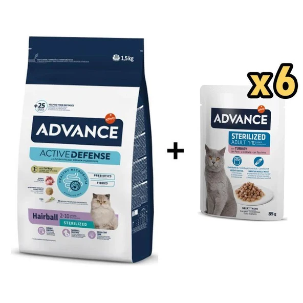 Advance Hairball Hindili Kısırlaştırılmış Kedi Maması 1,5 Kg + 6 Adet Advance Hindili Kısır Kedi Pouch Yaş Maması 85 Gr ürün görseli 1