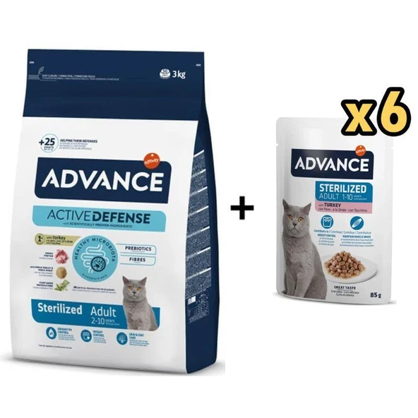 Advance Hindi Etli Kısırlaştırılmış Kedi Maması 3 kg + 6 Adet Advance Hindili Kısır Kedi Pouch Yaş Maması 85 Gr ürün görseli 1