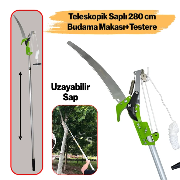 Ayarlanabilir 280 cm Teleskopik Alüminyum Saplı Yüksek Yerlerde Ağaç Dal Kesme Budama Makası Testere ürün görseli 1