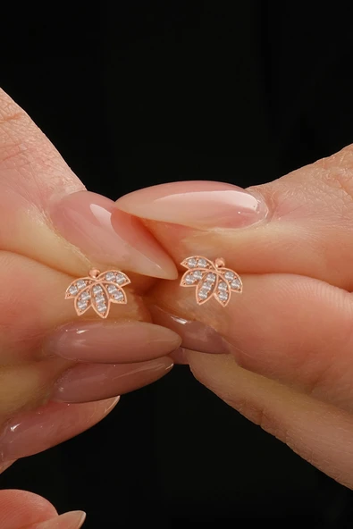 Gümüş rose zirkon taşlı lotus çiçeği küpe  SGTL12845ROSE ürün görseli 1