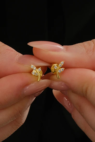 Gümüş altın yaldızlı zirkon taşlı yaprak küpe  SGTL12846GOLD ürün görseli 1