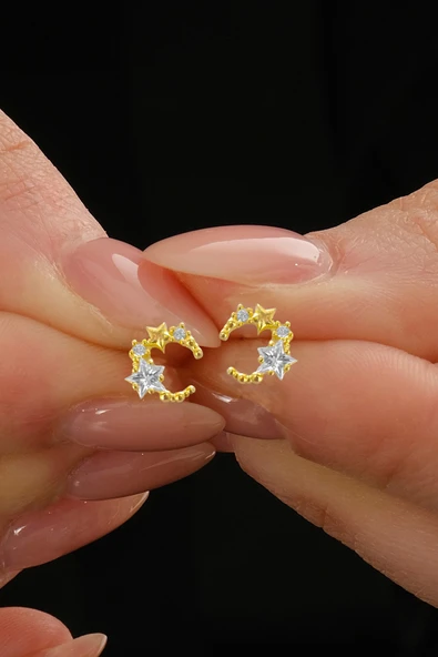 Gümüş altın yaldızlı yıldız kesim zirkon taşlı ay yıldız küpe SGTL12843GOLD ürün görseli 1