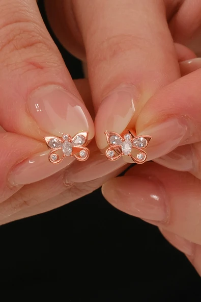 Gümüş rose zirkon taşlı kelebek küpe  SGTL12847ROSE ürün görseli 1