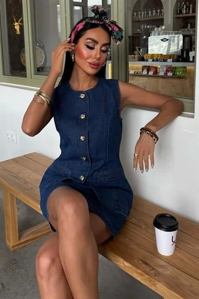 Kolsuz Yelekli Mini Etekli Denim Takım 10164 - Resim 4