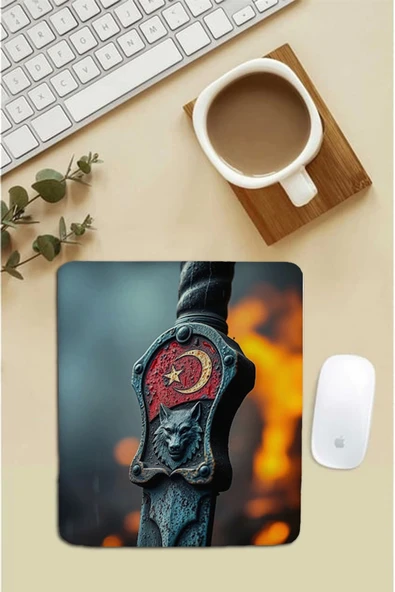 SonicTouch Bilek Destekli Kurt Başlı Türk Kılıcı Kırmızı Dikdörtgen Pürüzsüz Yüzey Dikişsiz Mouse Pad 18x22cm ürün görseli 1