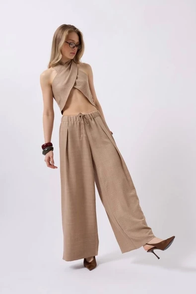 Düşük Bel Oversize Keten Pantolon ürün görseli 1