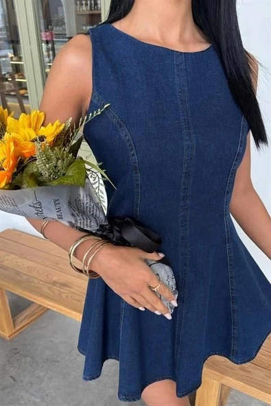 Kolsuz Belden Oturtmalı Denim Elbise 2885 - Resim 5