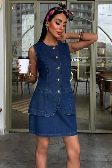 Kolsuz Yelekli Mini Etekli Denim Takım 10164 - Resim 2