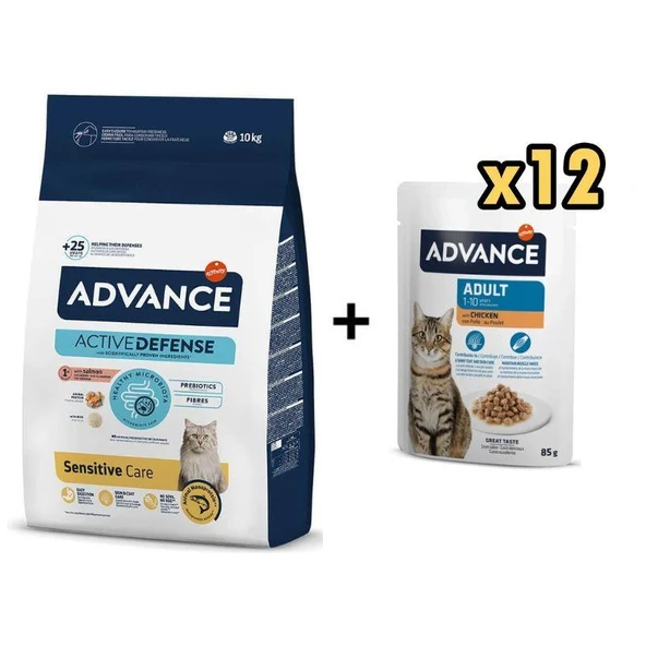 Advance Somonlu Hassas Yetişkin Kedi Maması 10 Kg + 12 Adet Advance Tavuklu Yetişkin Kedi Pouch Yaş Maması 85 Gr ürün görseli 1
