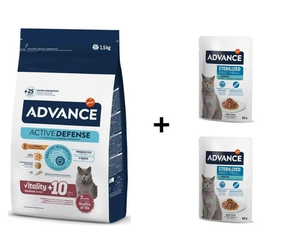 Advance Kısırlaştırılmış +10 Yaşlı  Kedi Maması 1,5 Kg + 2 Adet Advance Morina Balıklı Kısır Kedi Pouch Yaş Maması 85 Gr ürün görseli 1