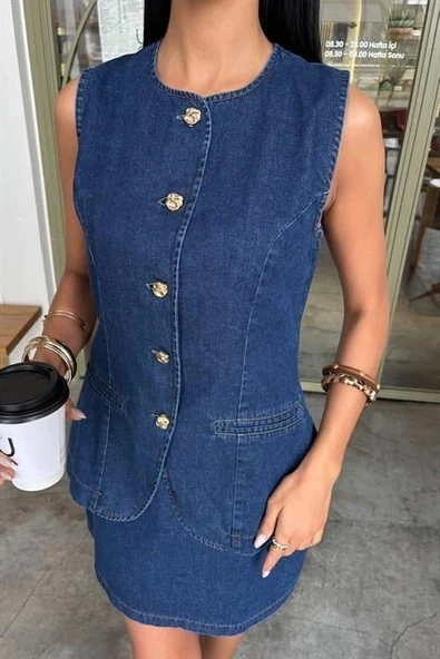 Kolsuz Yelekli Mini Etekli Denim Takım 10164 - Resim 7