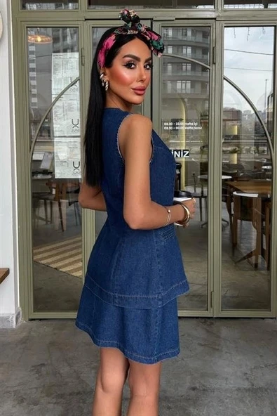 Kolsuz Yelekli Mini Etekli Denim Takım 10164 - Resim 3