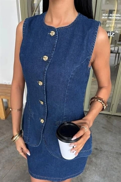 Kolsuz Yelekli Mini Etekli Denim Takım 10164 - Resim 8