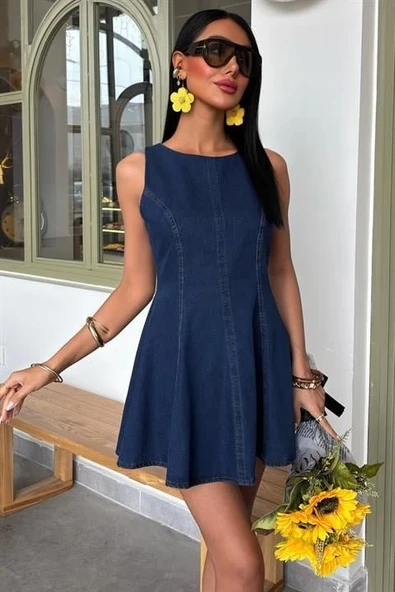 Kolsuz Belden Oturtmalı Denim Elbise 2885 ürün görseli 1