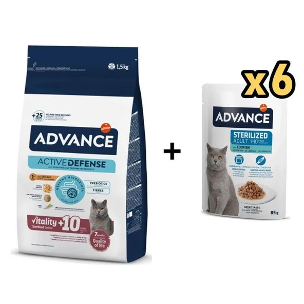 Advance Kısırlaştırılmış +10 Yaşlı  Kedi Maması 1,5 Kg + 6 Adet Advance Morina Balıklı Kısır Kedi Pouch Yaş Maması 85 Gr ürün görseli 1
