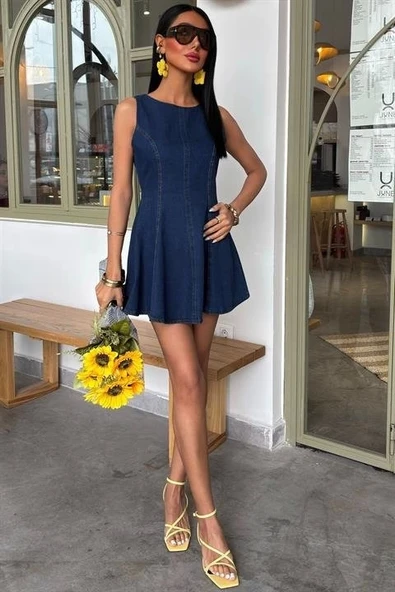 Kolsuz Belden Oturtmalı Denim Elbise 2885 - Resim 7