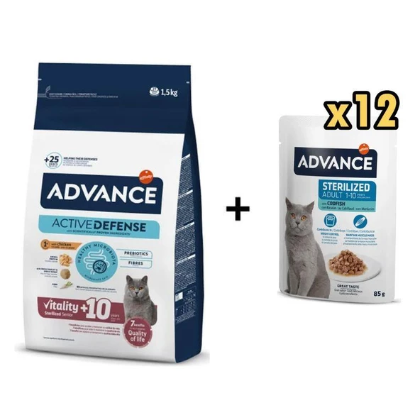 Advance Kısırlaştırılmış +10 Yaşlı  Kedi Maması 1,5 Kg + 12 Adet Advance Morina Balıklı Kısır Kedi Pouch Yaş Maması 85 Gr ürün görseli 1