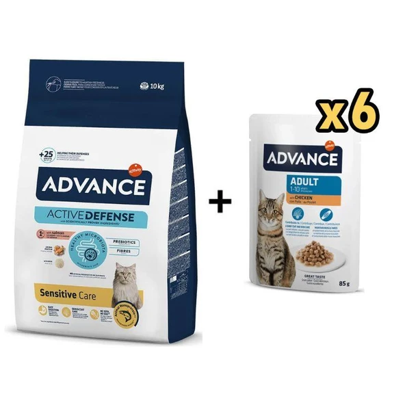 Advance Somonlu Hassas Yetişkin Kedi Maması 10 Kg + 6 Adet Advance Tavuklu Yetişkin Kedi Pouch Yaş Maması 85 Gr ürün görseli 1