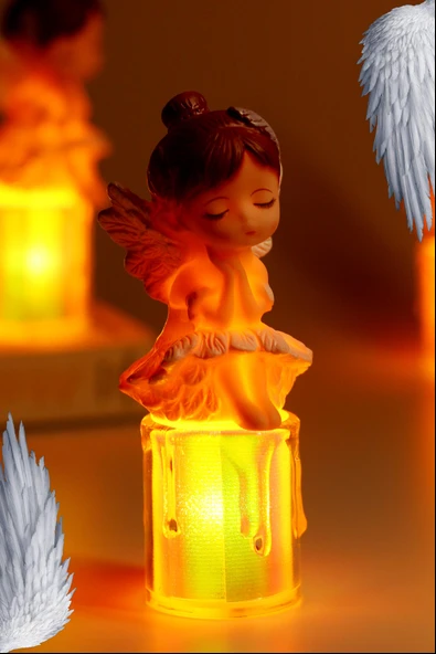 Led Mum Kanatlı Melek Tip Dumansız Pilli Alevli Dekoratif Yapay Mum Işıldak Kahve 1037-7 ürün görseli 1